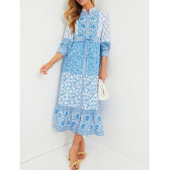 Pink City Prints Tuckernuck Blue Ocean Mix Gemma Block Print Midi Shirt Dress - Picture 2 of 16